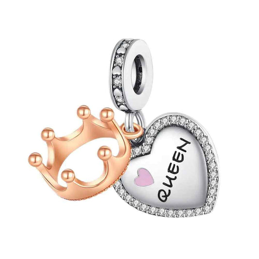 Queen's heart charm with a crystal-accented crown, combining elegance with grace.