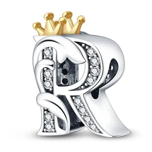 R Silver charm letter with gold Crown for pandora bracelets