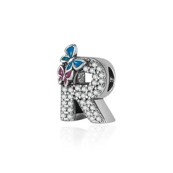 butterfly silver letter R charm - butterfly with Letter R Charm