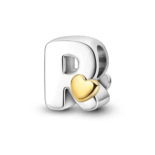 R Silver charm letter with gold heart for pandora bracelets