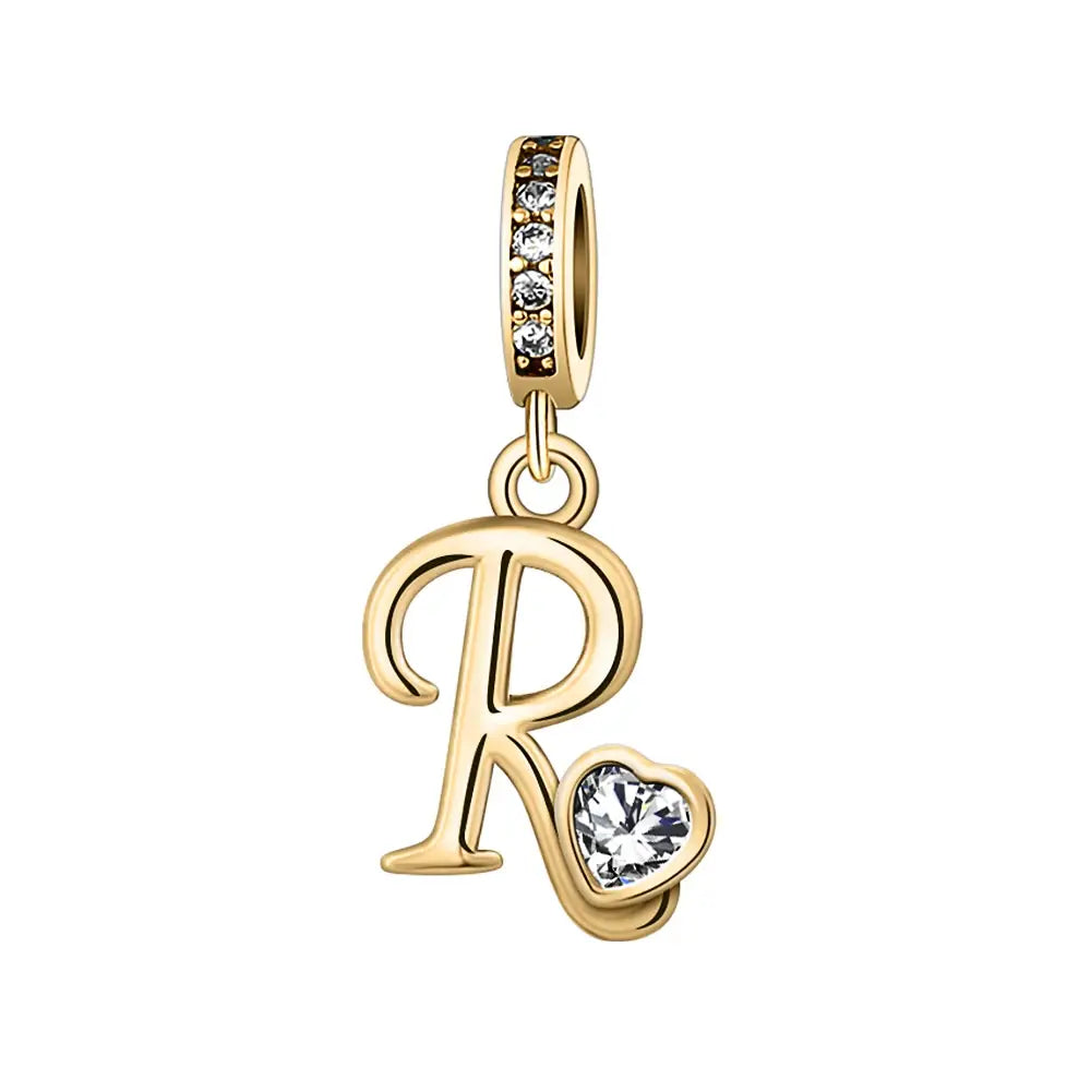 Gold R Letter Charm with pendant crystal Heart