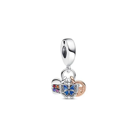 Rainbow Heart, Butterfly & Peace Triple Dangle Charm