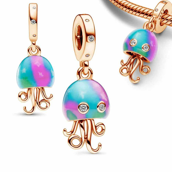 Rainbow Jellyfish Charm - Fun and Colorful Rose Gold Charm - Rainbow Jellyfish Charm in rose gold with a colorful enamel body and crystal accents on the tentacles. Perfect for ocean lovers and playful jewelry collections.