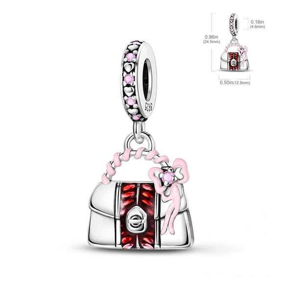 Red Handbag Bow Charm – Elegant and Fashionable Sterling Silver Accessory - Stylish red handbag charm with delicate bow, sterling silver and red enamel for bracelets.