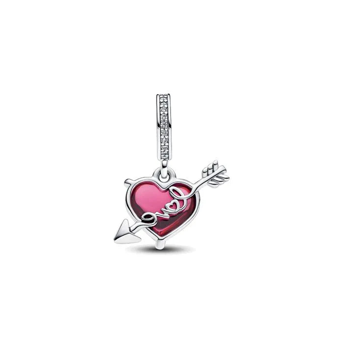 Red Heart Arrow Murano Glass Dangle Charm - Romantic red heart Murano charm with arrow detail, perfect for love themes.