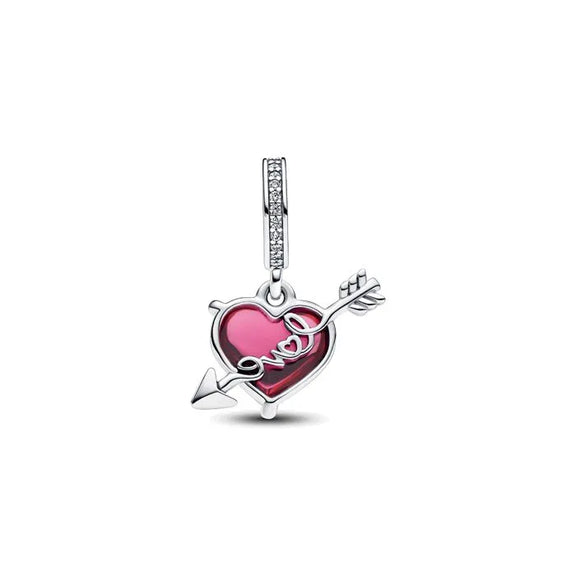 Red Heart & Arrow Murano Glass Dangle Charm - Red Heart Arrow Murano Glass Dangle Charm - Romantic red heart Murano charm with arrow detail, perfect for love themes.