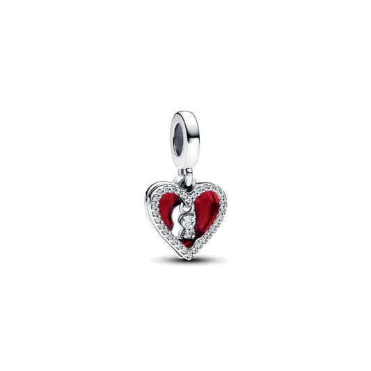 Red Heart Keyhole Double Dangle Charm - Elegant red heart dangle with keyhole design, ideal for love-themed jewelry.