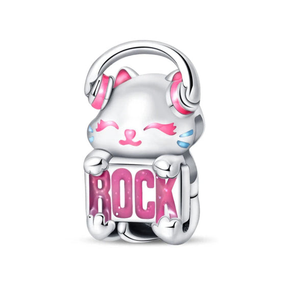 Adorable Rock Cat Charm with Headphones in Pink Enamel Finish - Rock cat charm with headphones and pink enamel for music lovers.