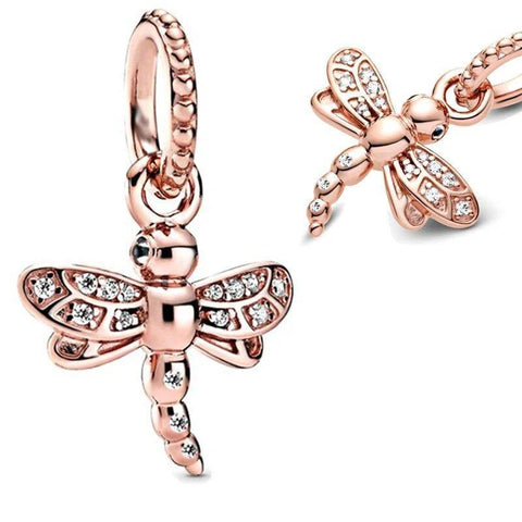 Sparkling Rose Gold Dragonfly Charm with Crystal Accents - Rose gold dragonfly charm with crystal accents for a sparkling, elegant look.