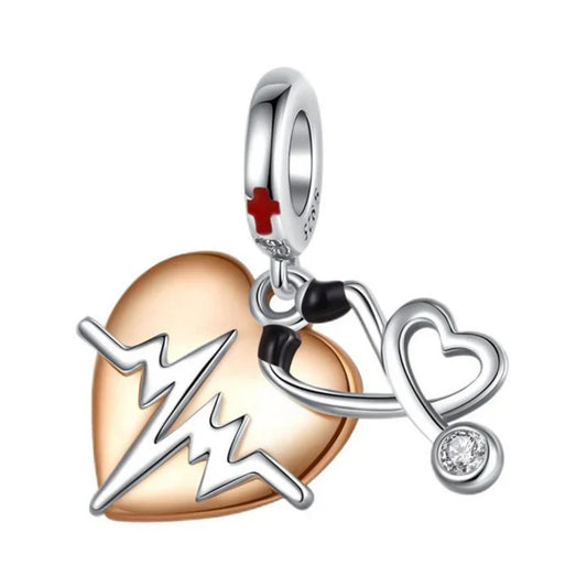 Rose gold heart charm with stethoscope and zirconia, symbolizing healthcare on Pandora bracelets.