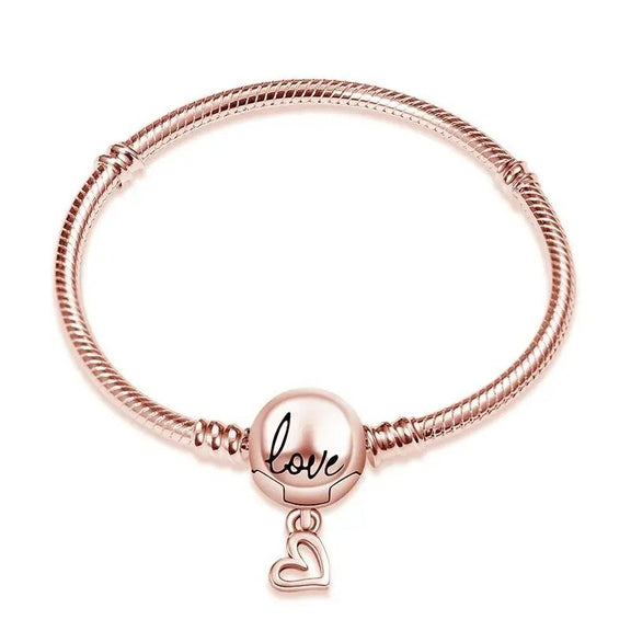 Rose Gold Love Heart Charm Bracelet for Women - Chic Jewelry - Rose gold bracelet with "love" charm and heart pendant, perfect for women seeking chic and versatile jewelry for any occasion.