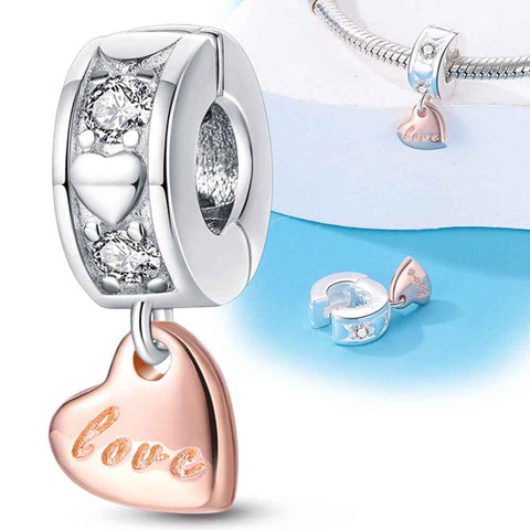 Rose Gold Love Heart Charm with sparkling crystals, designed for elegant and timeless bracelet collections.