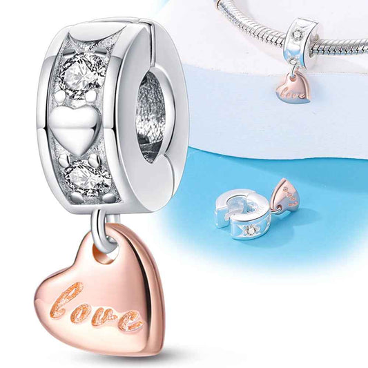 Rose Gold Love Heart Charm with sparkling crystals, designed for elegant and timeless bracelet collections.