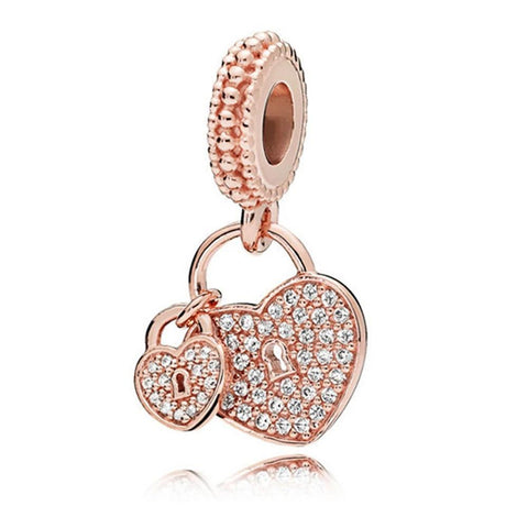 Rose Gold Heart Lock Charm with CZ Stones - Rose gold heart lock charm with CZ stones