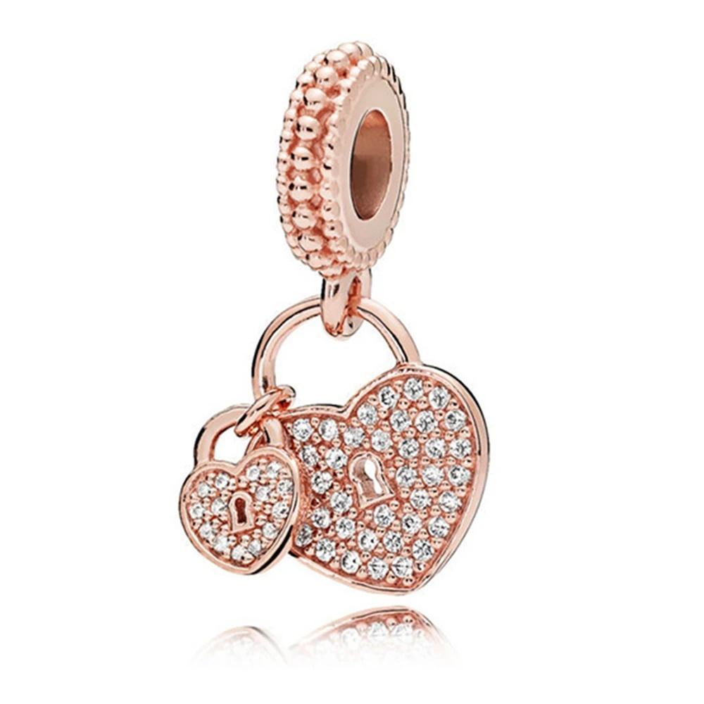 Rose gold heart lock charm with CZ stones