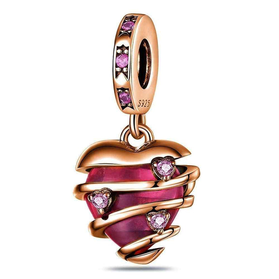 Rose Gold Heart Charm with Pink Gemstones and CZ Details - Rose gold heart-shaped charm wrapped in pink gemstones and cubic zirconia