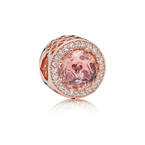 Rose Pink Crystal Charm with Halo in Rose Gold Plated Sterling Silver - Rose gold plated sterling silver charm with rose pink crystal center and cubic zirconia halo.