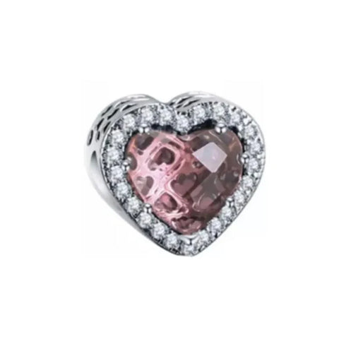 Rose Pink Heart Crystal Charm in Sterling Silver - Sterling silver heart charm with rose pink crystal and cubic zirconia accents for a romantic glow.