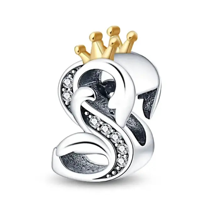 S Silver charm letter with gold Crown for pandora bracelets