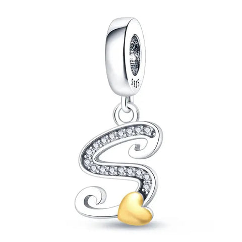 Silver letter S charm Gold heart - Silver letter S charm Gold heart