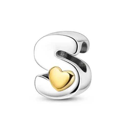 S Silver charm letter with gold heart for pandora bracelets