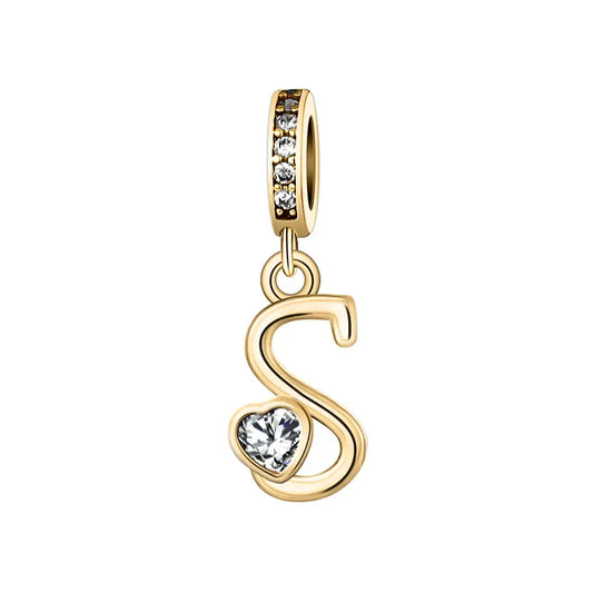 Gold S Letter Charm with pendant crystal Heart