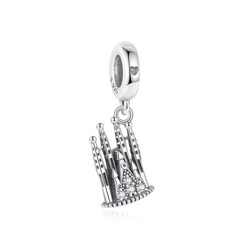 Sterling Silver Cathedral Spires Dangle Charm - A silver dangle charm shaped like a Gothic cathedral with tall spires and clear cubic zirconia stones at the base, attached to a clip-on bail engraved with a small heart, shown on a white background