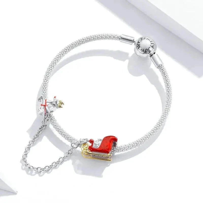 santa-sleigh-safety-chain charm Jewelry fits Pandora bracelet affordable