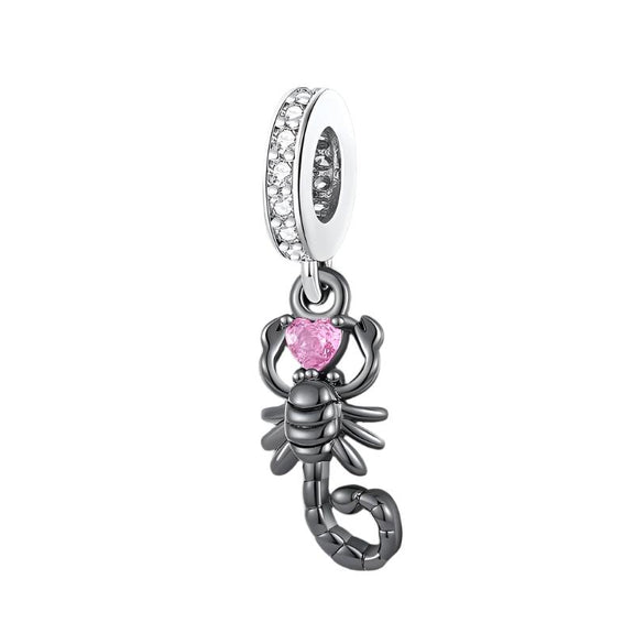 Unique Scorpion Charm with Pink Heart Pendant for Bracelets - Scorpion charm with pink heart detail for bracelet, unique design with intricate black-tone detailing.