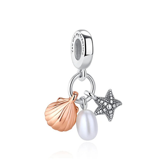 A clip-on dangle charm with three pendants: a rose gold scallop shell, a white pearl drop, and a silver textured starfish, attached to a silver bead engraved with 'You are my treasure'