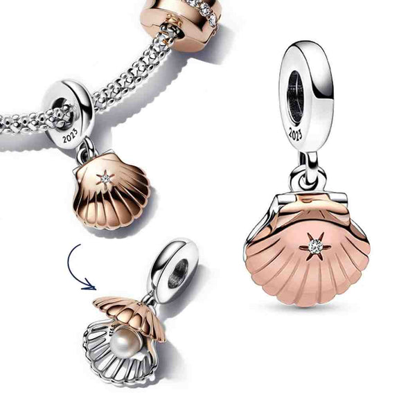 Seashell Charm with Opening Feature and Crystal Accents - Seashell Charm in rose gold with an opening feature revealing a pearl inside, adorned with crystal accents. Perfect for ocean lovers.