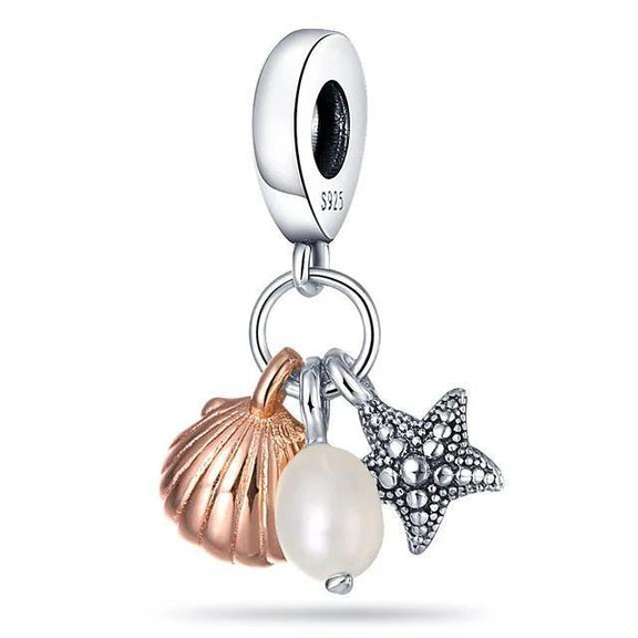 Ocean Treasures Sterling Silver Charm with Seashell, Pearl, and Starfish - Shell and starfish charm with pearl, rose gold, and sterling silver details