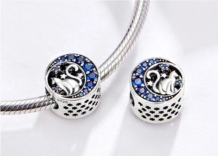 silver cat moon and blue starry night inspired charm