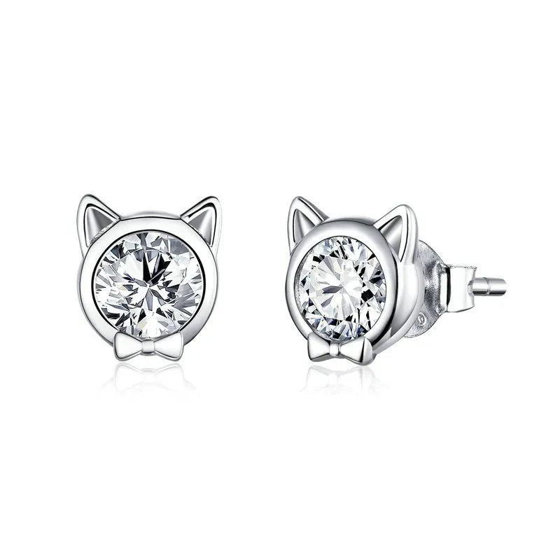 Silver Cat Stud Earrings