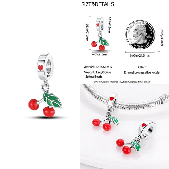 Elegant Silver Cherry Charm with Green Leaves for Bracelets 🍒 - Close-up of a silver cherry charm with green leaves and red enamel cherries.