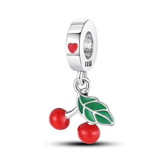Elegant Silver Cherry Charm with Green Leaves for Bracelets
