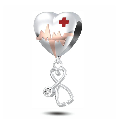 Silver Heart ECG Stethoscope Charm- Medical Love Symbol Bead