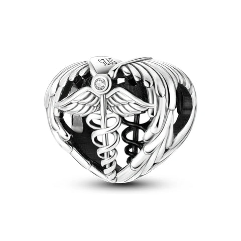 Heart Charm with Caduceus Wings - A Tribute to Medical Professionals - Heart Charm with Caduceus Wings - A Tribute to Medical Professionals