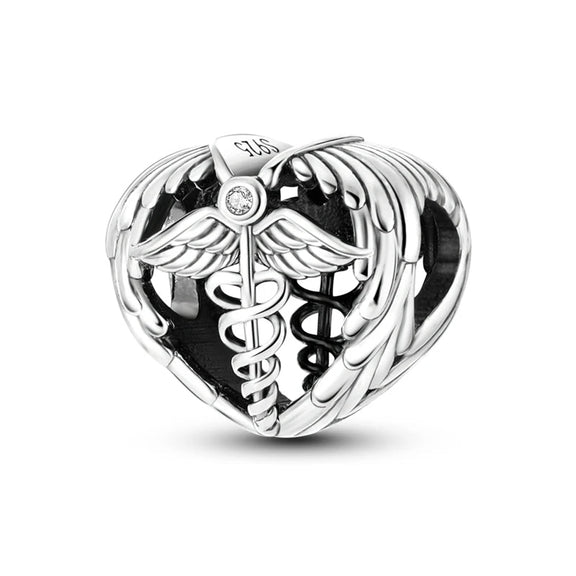 Sterling Silver Heart Charm with Caduceus Wings - A Tribute to Medical Professionals - Sterling silver heart charm featuband a caduceus symbol with wings and a cubic zirconia.