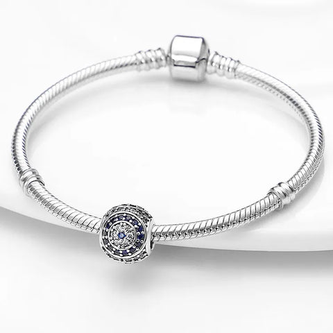silver round diamond and sapphire charm for bracelets