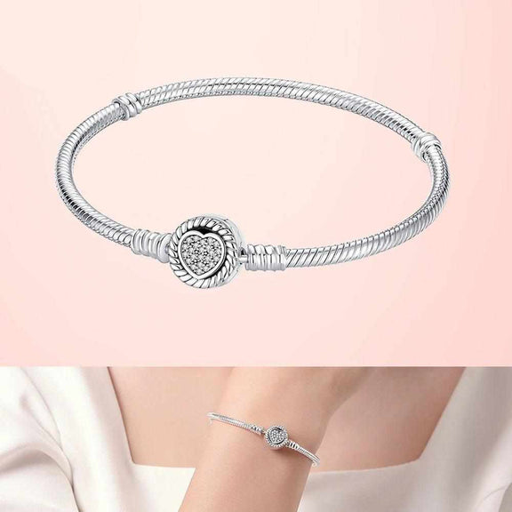 Sterling Silver Heart Charm Snake Chain Bracelet with Pandora Fit - Sterling Silver Heart Charm Snake Chain Bracelet with Pandora Fit