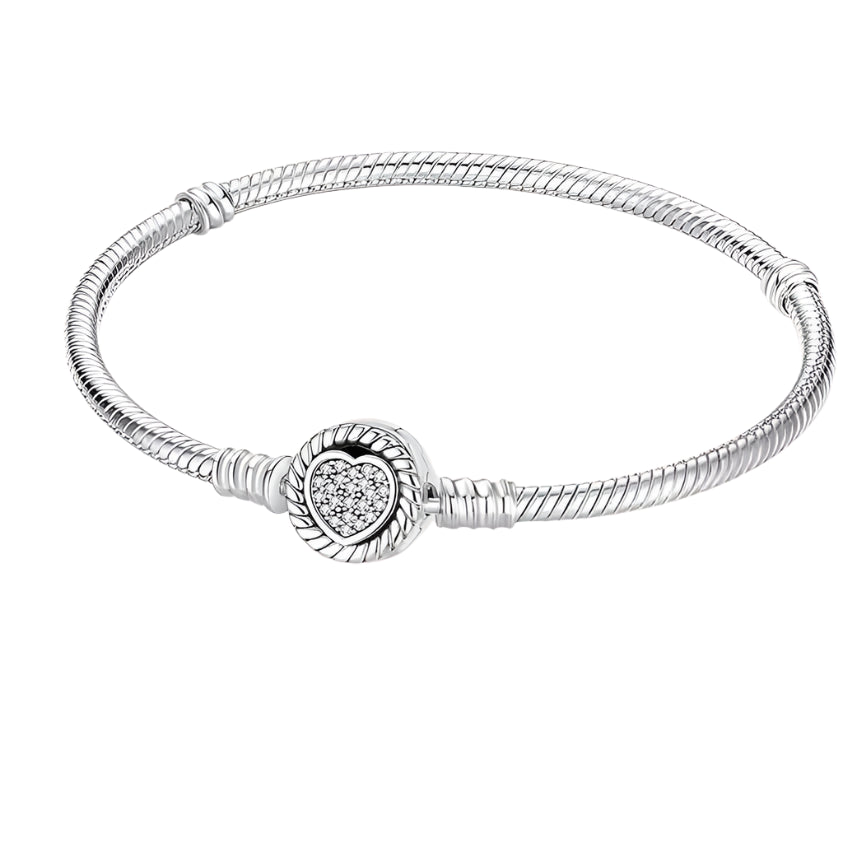 Sterling Silver Heart Charm Snake Chain Bracelet with Pandora Fit