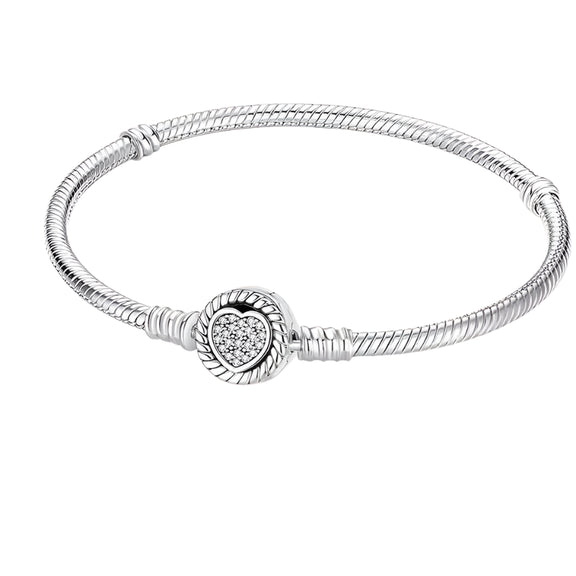 Sterling Silver Heart Charm Snake Chain Bracelet with Pandora Fit - Sterling Silver Heart Charm Snake Chain Bracelet with Pandora Fit