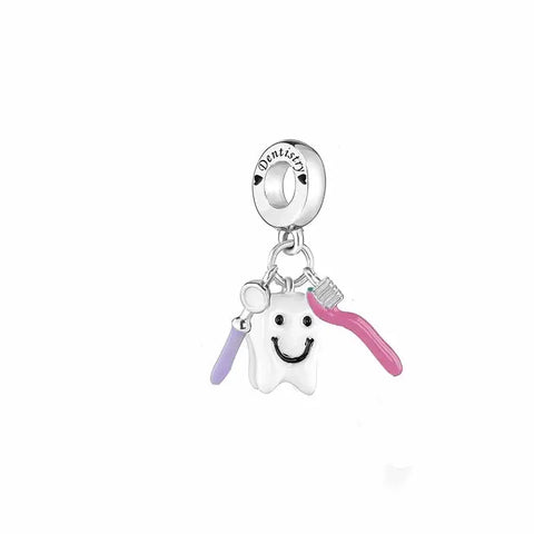 Smiling Tooth & Toothbrush Charm - Smiling Tooth & Toothbrush Dangle Pendant Charm