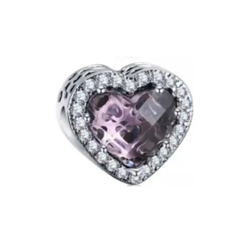 Soft Purple Heart Crystal Charm with Sterling Silver - Sterling silver heart charm with soft purple crystal and cubic zirconia accents for a graceful look.