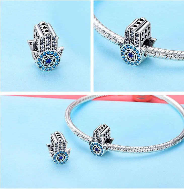 sparkling hamsa hand blue and white crystal charm sterling silver