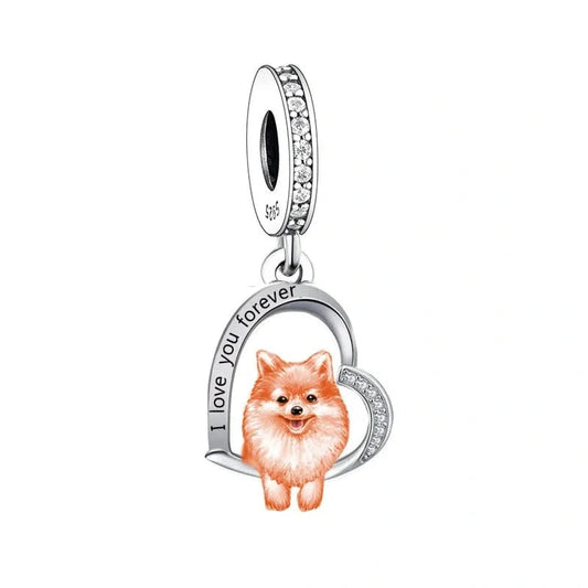 Spitz love Orange Dog silver heart Charm