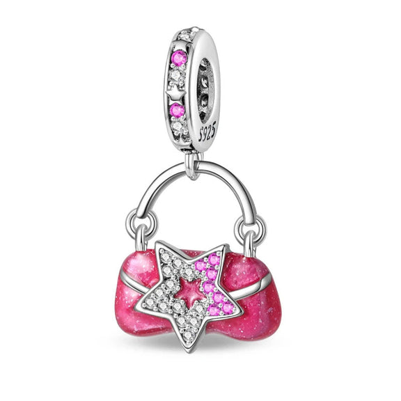 Pink Star Bag Charm with Glitter Enamel and Sparkling Accents - Star bag charm in pink glitter enamel, perfect for charm bracelet collections.