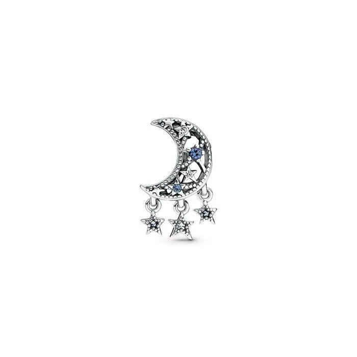 Sterling silver moon and stars charm with blue crystals