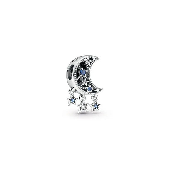 Star & Crescent Moon Charm - Sterling silver moon and stars charm with blue crystals